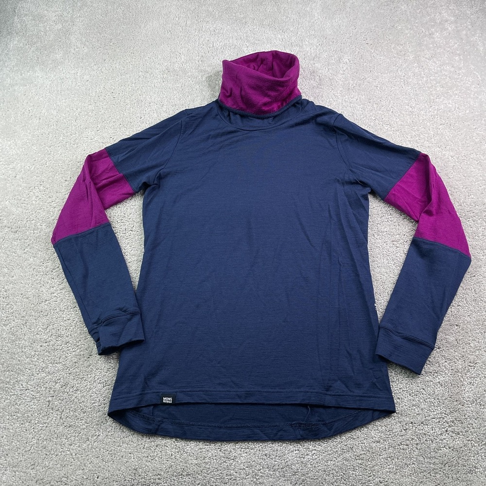 Mons Royale Top Womens Large Blue Cornice Rollover Base Layer Merino Wool Ski